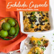 A small white dish filled with cheesy chicken enchilada casserole topped with black olives and lots of melted cheese.