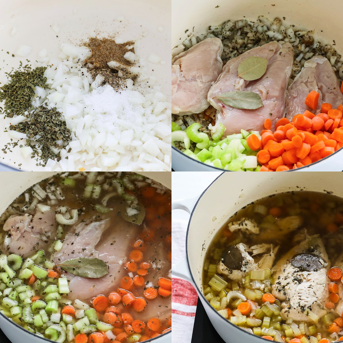 4 steps of making Chicken Gnocchi Soup in a large white cast iron pot.