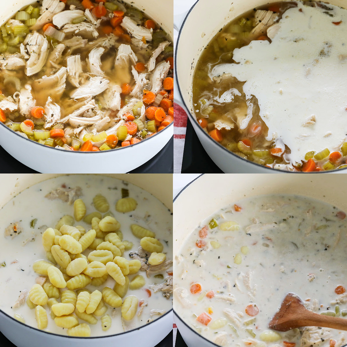 Last 4 steps making Chicken Gnocchi Soup in a large white cast iron pot.