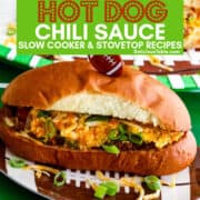 Hot dog chili sauce piled on a grilled hot dog loaded with relish and grated cheese at a football party.