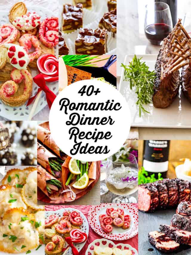 A collage of romantic dinner recipes for Valentine's Day including lobster ravioli, salmon, beef in wine sauce, and heart shaped cookies.
