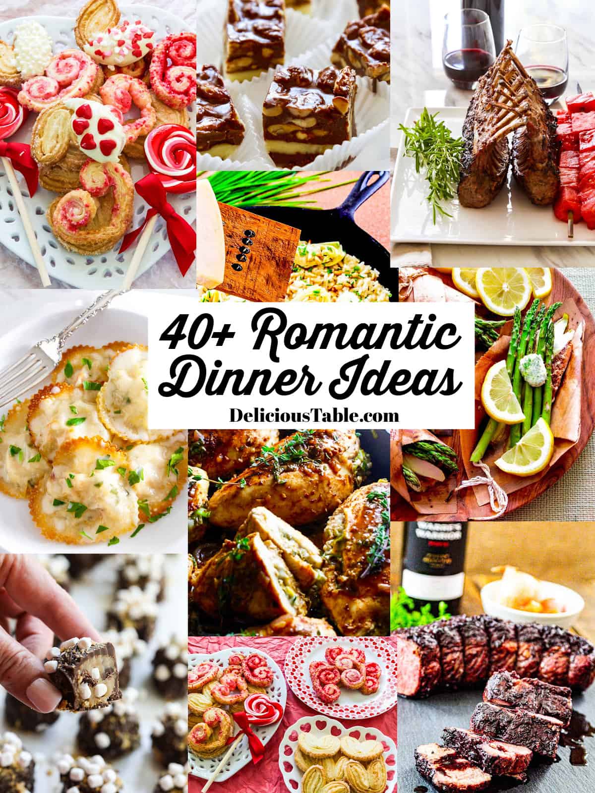 A collage of romantic dinner recipes for Valentine's Day including lobster ravioli, salmon, beef in wine sauce, and heart shaped cookies.