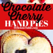 Heart shaped hand pies filled with chocolate and cherries on a red cake stand.