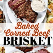 An ad for baked corned beef brisket on a oval white platter sliced with sides.