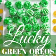 Green chocolate dipped Oreo cookies with green shamrock sprinkles.