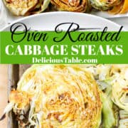 An ad for oven roasted cabbage steaks recipe baked on a dark sheet pan.
