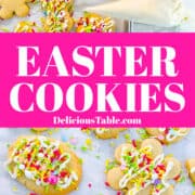 Easter cookies shaped like bunnies, flowers, and eggs decorated with white icing and pastel sprinkles.