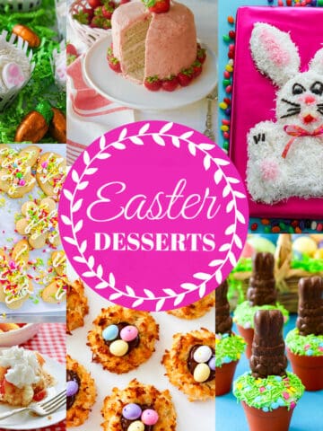 Easter Dessert recipes showing bright colored bunny cupcakes and Easter bunny cakes and desserts.