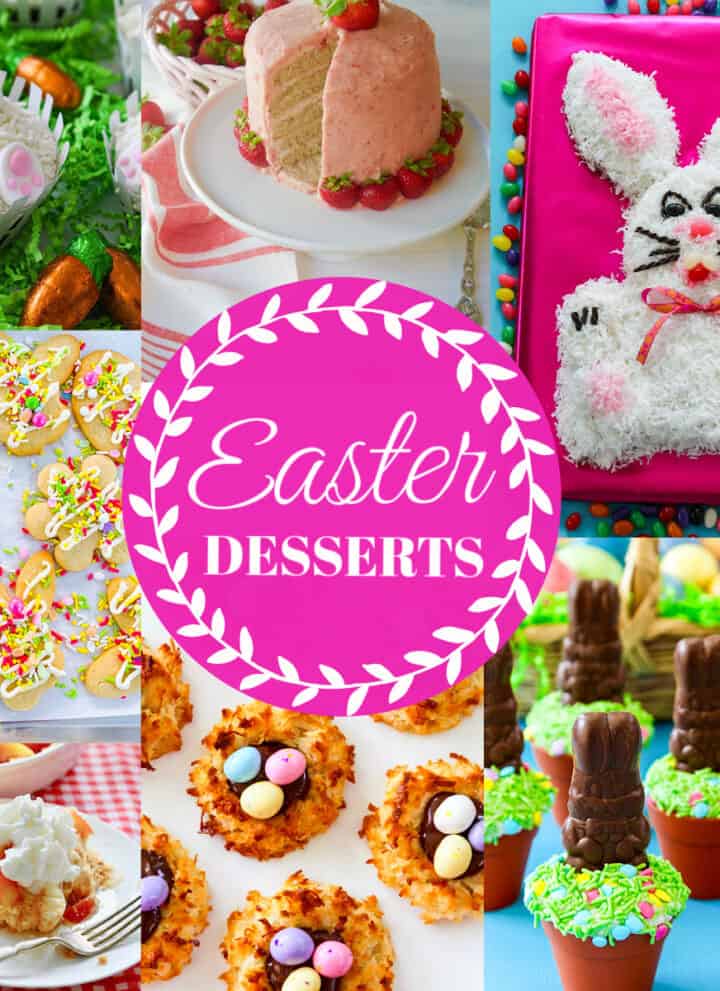 Easter Dessert recipes showing bright colored bunny cupcakes and Easter bunny cakes and desserts.