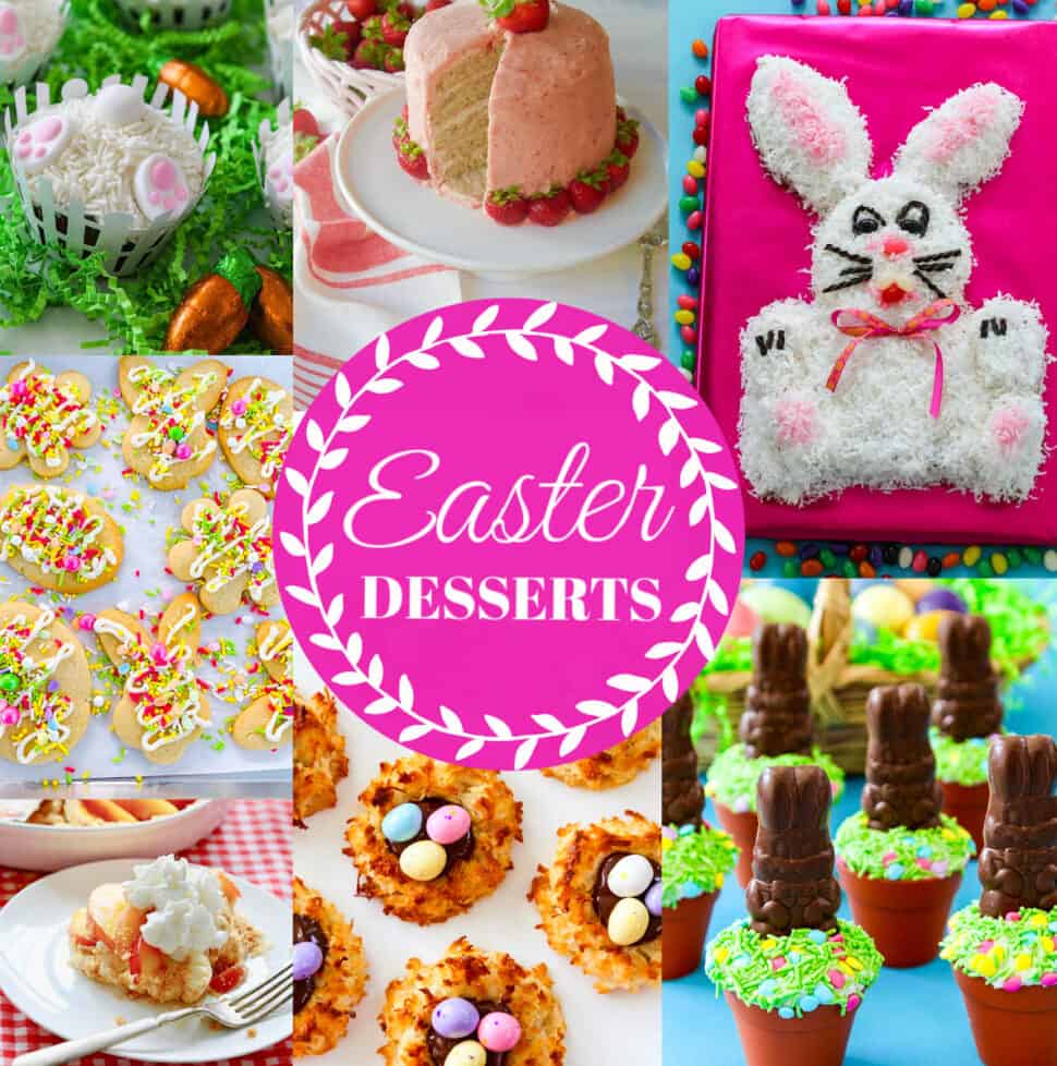 Easter Dessert recipes showing bright colored bunny cupcakes and Easter bunny cakes and desserts.