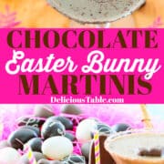 Looking into a chocolate martini garnished with shaved chocolate at an Easter party.
