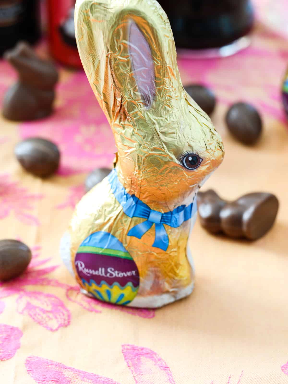 Real chocolate Easter bunny wrapped in bright color foil.