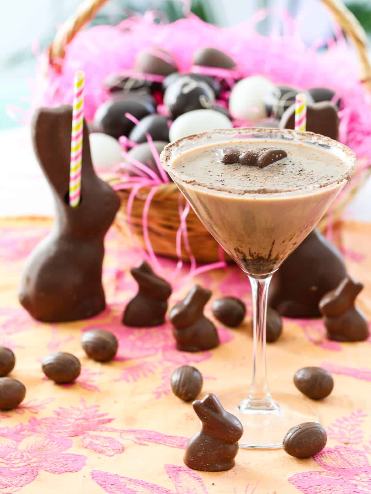 An Easter sunday table with chocolate martinis using chocolate bunnies.