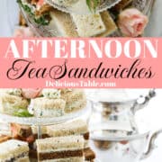 Tea sandwiches stacked on glass tier tray at a tea party.