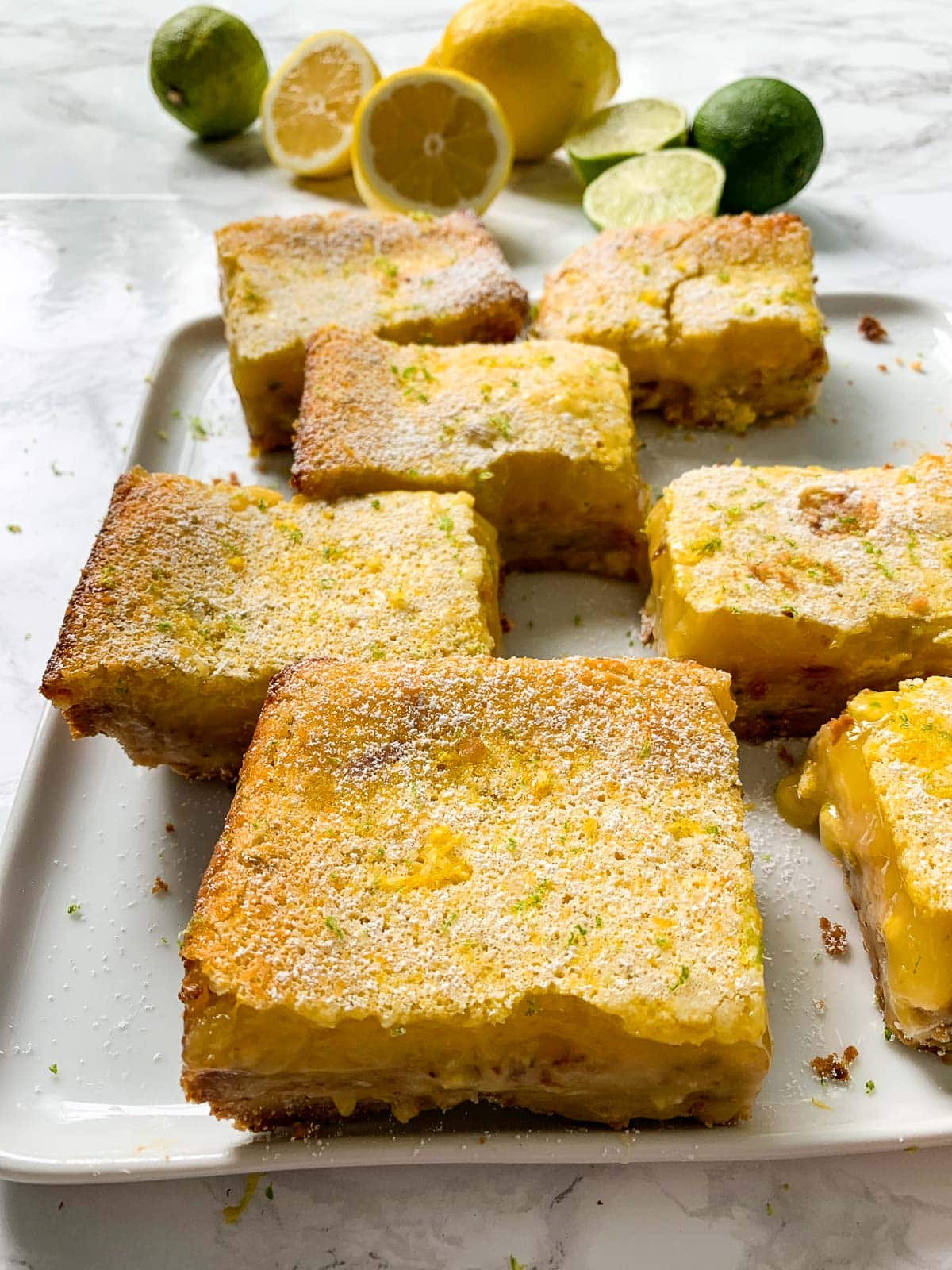 Lemon bars on a plate cut into big squares with limes and lemons in the background. 
