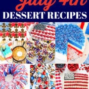 Red white and blue July 4th dessert recipes of cakes, pies, no bake treats, and more.