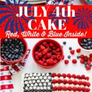 Showing how to decorate a rectangle sheet cake into an American Flag July 4th Cake using raspberries, blueberries, and white buttercream frosting.