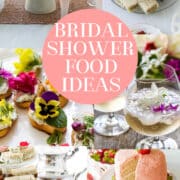 Beautiful bridal shower food in a collage of photos for an elegant wedding shower.