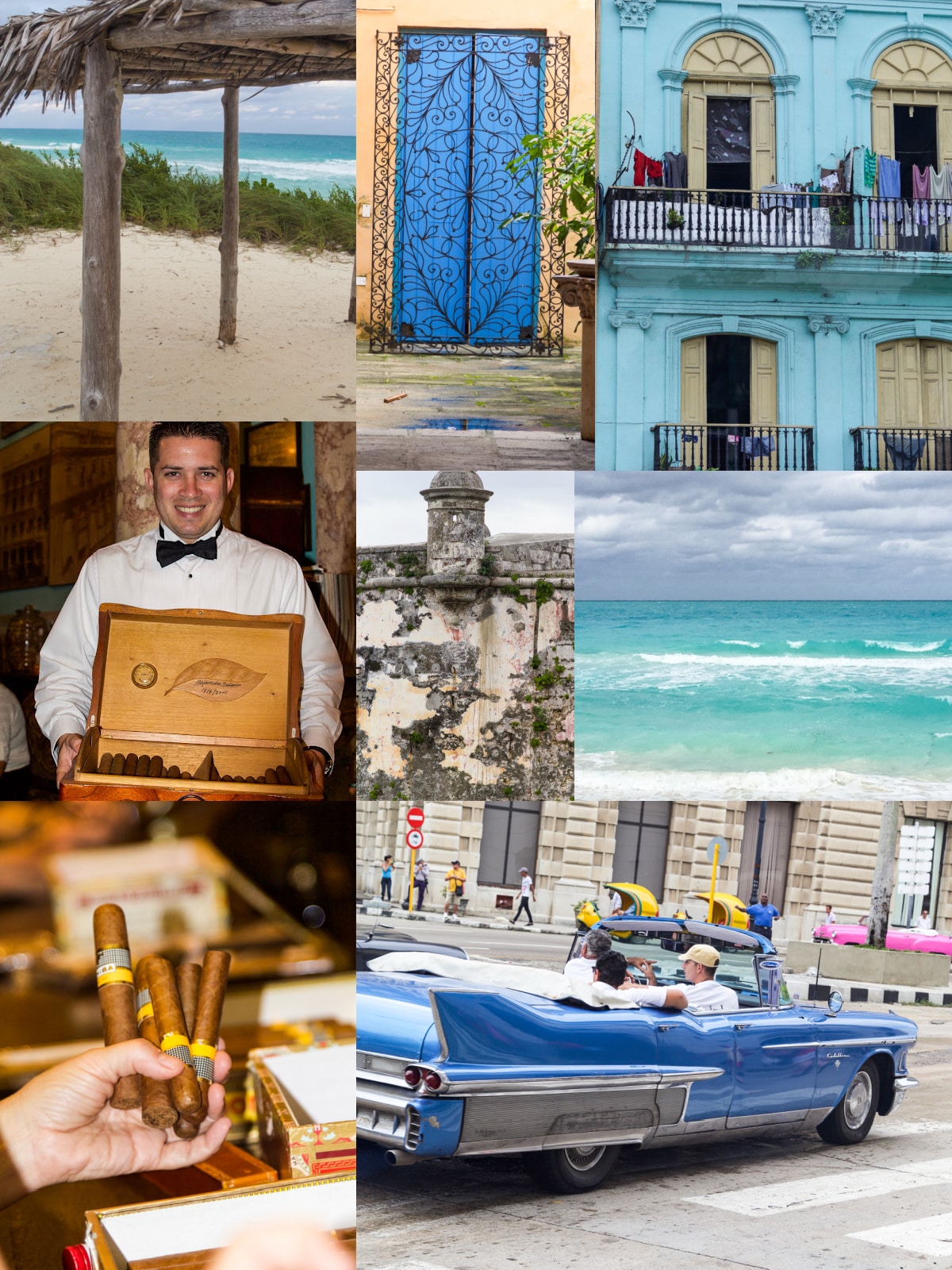 Photos from Cuba of blue cars, doors, a man holding cigar box and more.