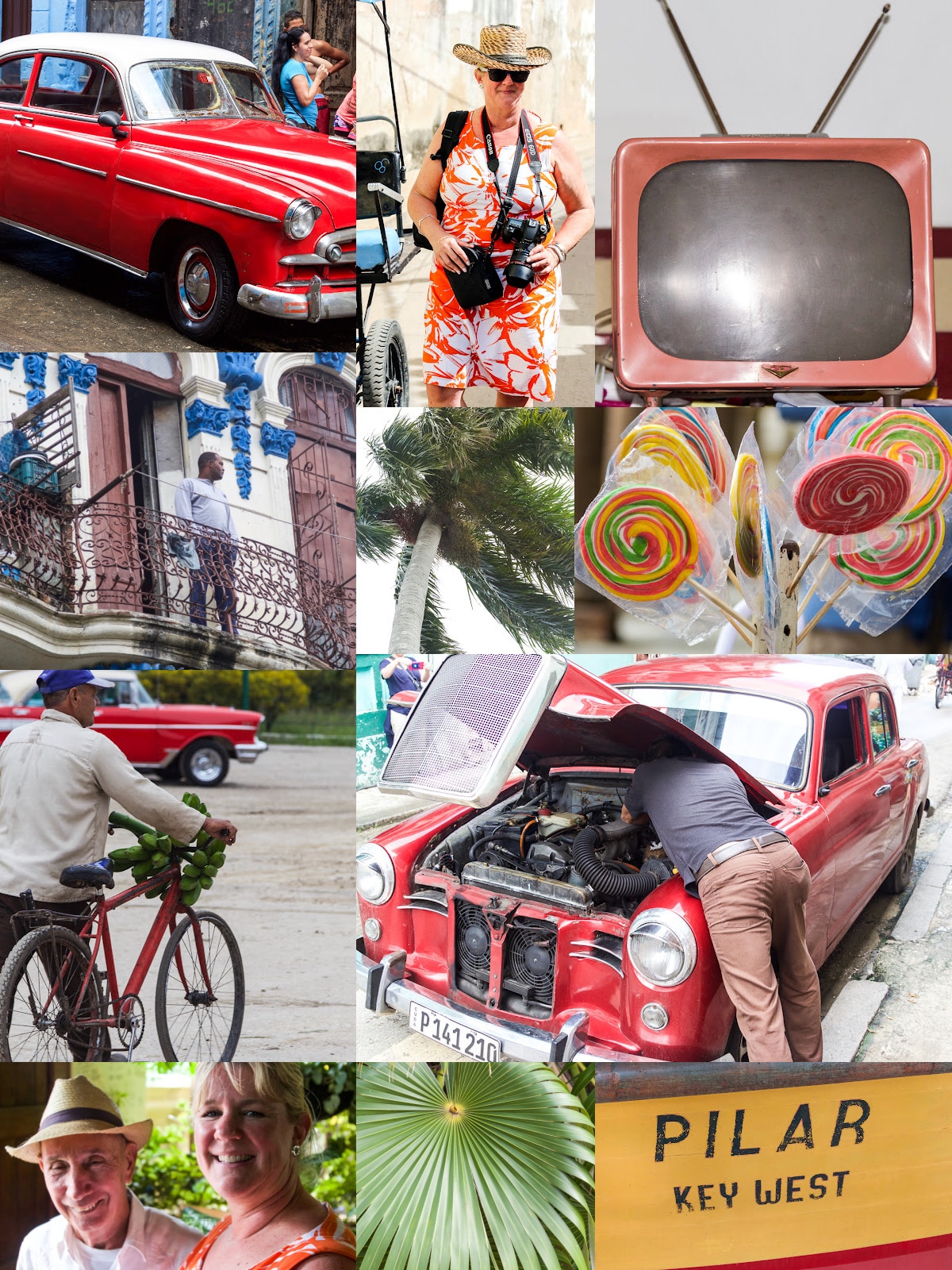 A collage of photos from Cuba of people, cars, food and more.