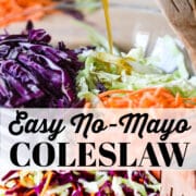 Colorful coleslaw with orange, purple, and green colors, and dressing being drizzled on top.