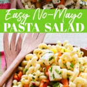 A corkscrew cold pasta salad with cubes of cheese, herbs, and chopped bell peppers and red onion.