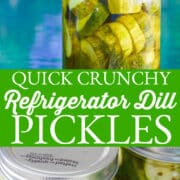 A large glass quart jar with thick dill pickle chips inside and a person pulling one pickle chip from the jar to eat it!