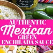 A wood bowl and clamp jar filled with green enchilada sauce with peppers and a striped colorful cloth.