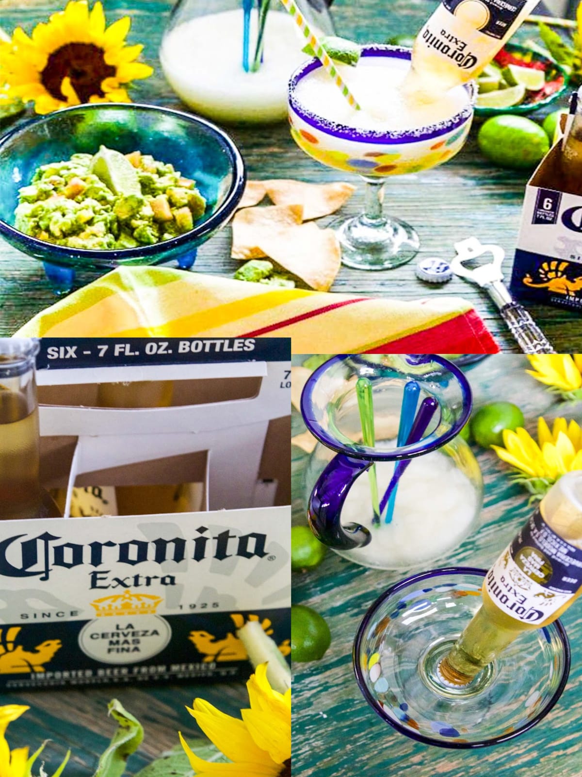 A list of ingredients to make CoronaRita margaritas on a picture of the drink recipe.