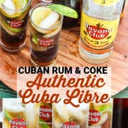 A graphic for Cuba Libre with cocktails in four tall glasses garnished with lime.