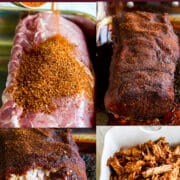 Seasoning a large pork loin with a mixed BBQ rub before oven roasting the meat.