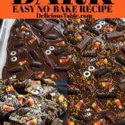 Halloween bark recipe showing shards of chocolate bark decorated with candy, eyeballs, and sprinkles.