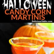 A Halloween party with candy corn martinis and a small black dish of candy corn nearby.