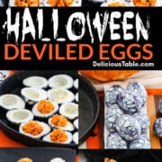 Halloween deviled eggs with orange filling on black plates and trays filled with bright orange filling.