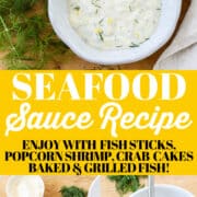 A homemade seafood sauce garnished with lemon zest and fresh dill.