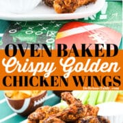 Golden brown crispy chicken wings at a Football party with buffalo sauce for dipping and party decor.