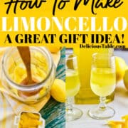 Bright yellow lemons in baskets and lemon peel in jars making limoncello Italian liqueur at home.