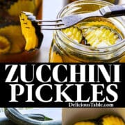 Jars of zucchini pickles in a quart jar with a fork pulling one of the wavy chips out.