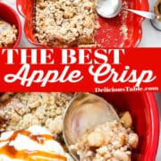 An Apple Crisp in a large red baking dish and a bowl of if for dessert with a scoop of vanilla ice cream.