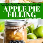A large Mason jar of Apple Pie Filling that was made from a homemade recipe with a bow tied around the lid.