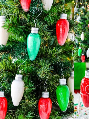 A jolly Santa Claus on top of a green Christmas tree with colorful ornaments.