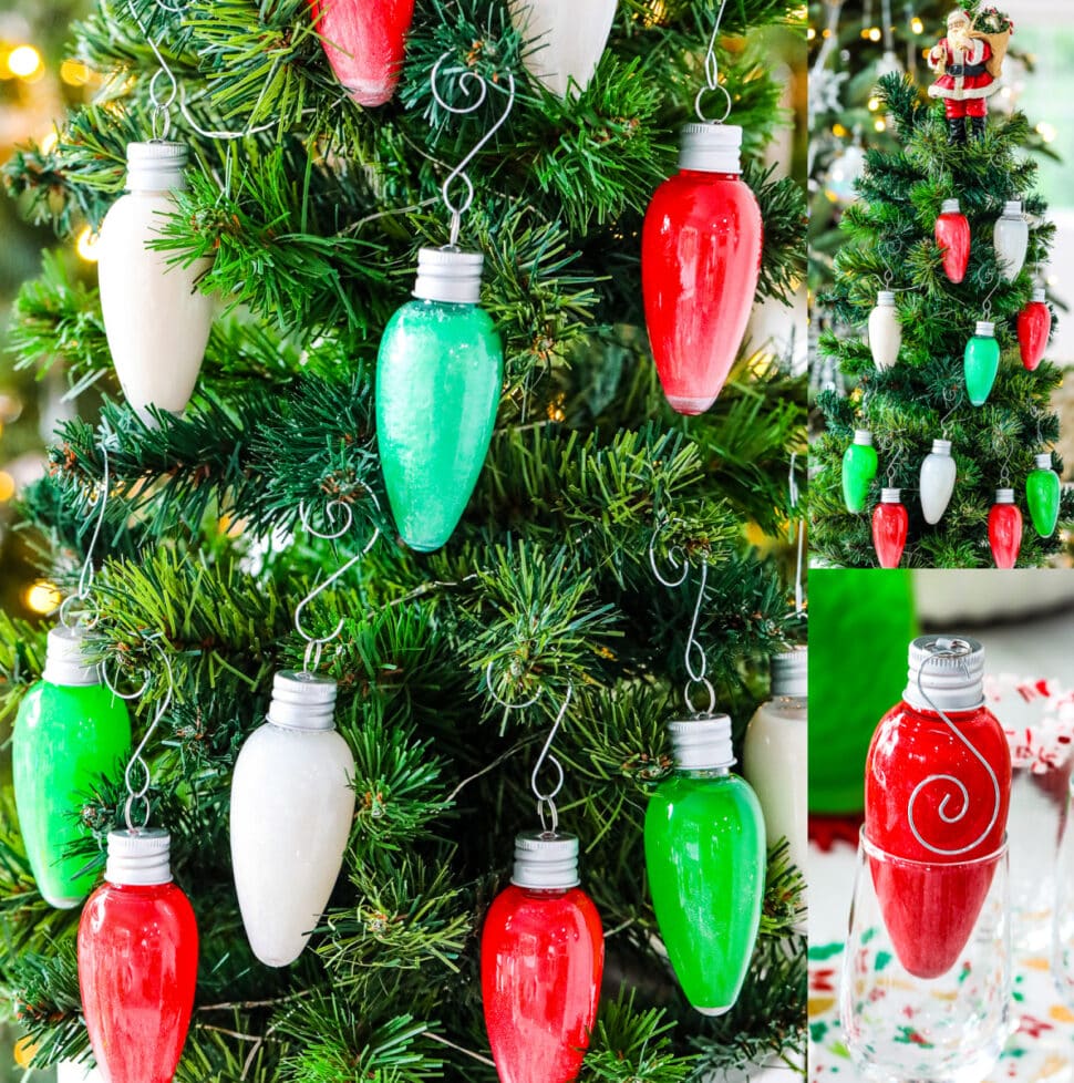 A jolly Santa Claus on top of a green Christmas tree with colorful ornaments.