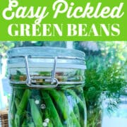 A jar of pickled green beans on a kitchen counter with ingredients nearby.