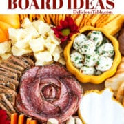 A bountiful Thanksgiving charcuterie cheeseboard fill with colorful meats, cheeses nuts and more for Thanksgiving.