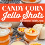 Yellow orange and white candy corn jello shots in plastic cups at a party.