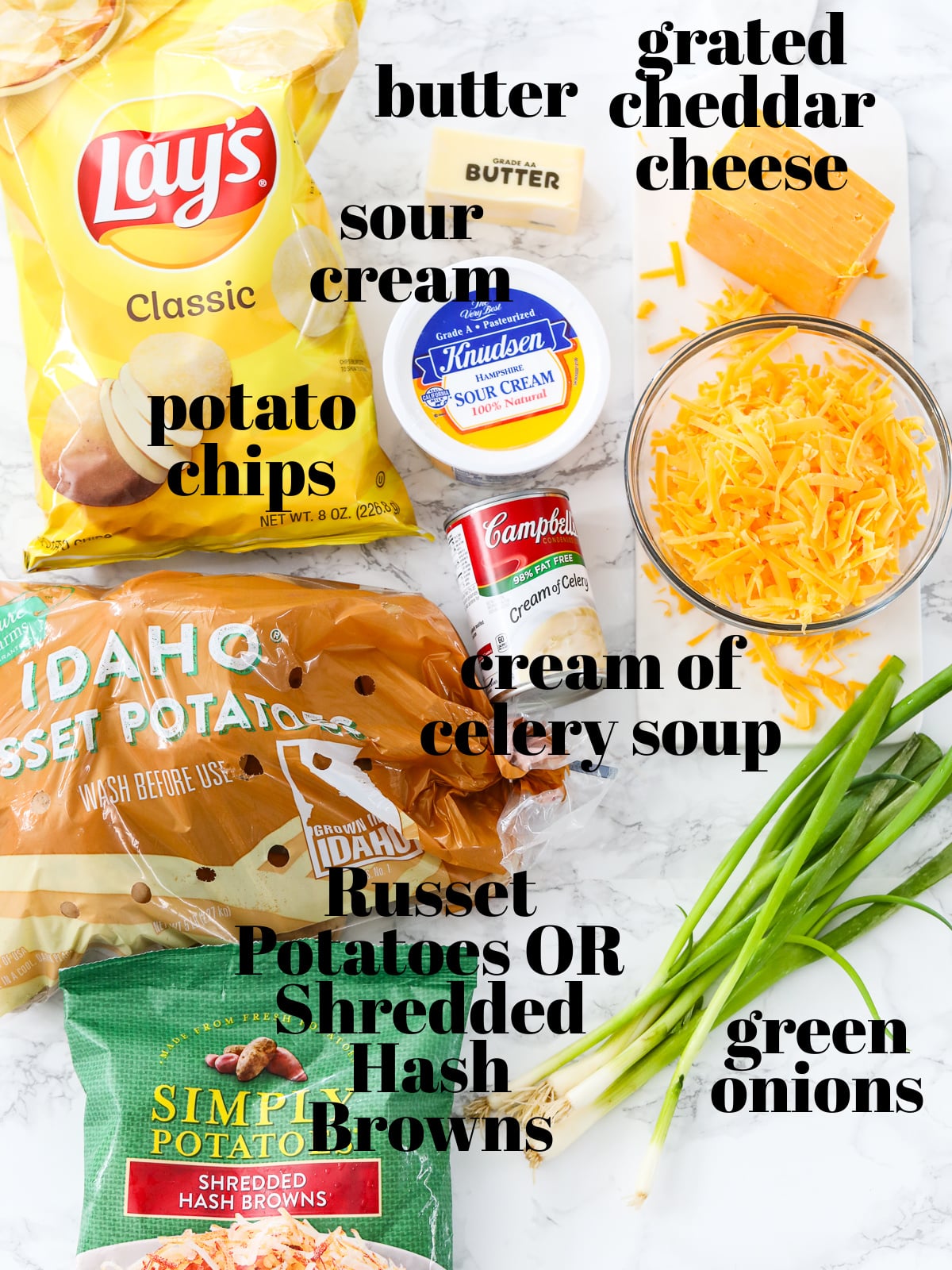 Ingredients to make Funeral potatoes aka cheesy potato casserole.