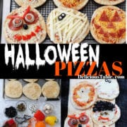 Baked Halloween pizzas on a baking rack decorated to look like ghosts, pumpkins, dracula, frankenstein, and monsters.