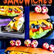 Close up view of a large Halloween party sub sandwich made to look like a cute monster for kids with sliced cheese as teeth, radishes and black olive eyeballs, and loaded with deli meats and condiments.