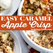 A round white dish of fresh baked caramel apple crisp with two plate of it served with forks and vanilla ice cream for dessert.