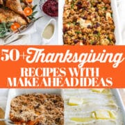 Thanksgiving dinner recipes on a table like a carved roast turkey on a platter, mashed potatoes, stuffing, and sweet potato casserole.